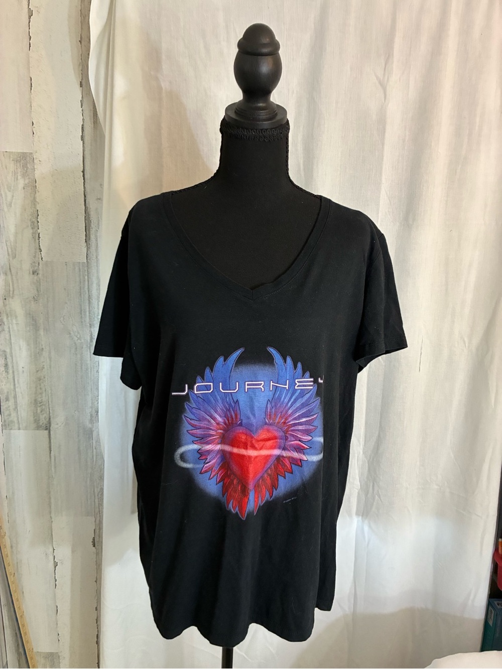 Journey Black V-Neck Tee with Red Heart and Blue Wing Graphic Rock band